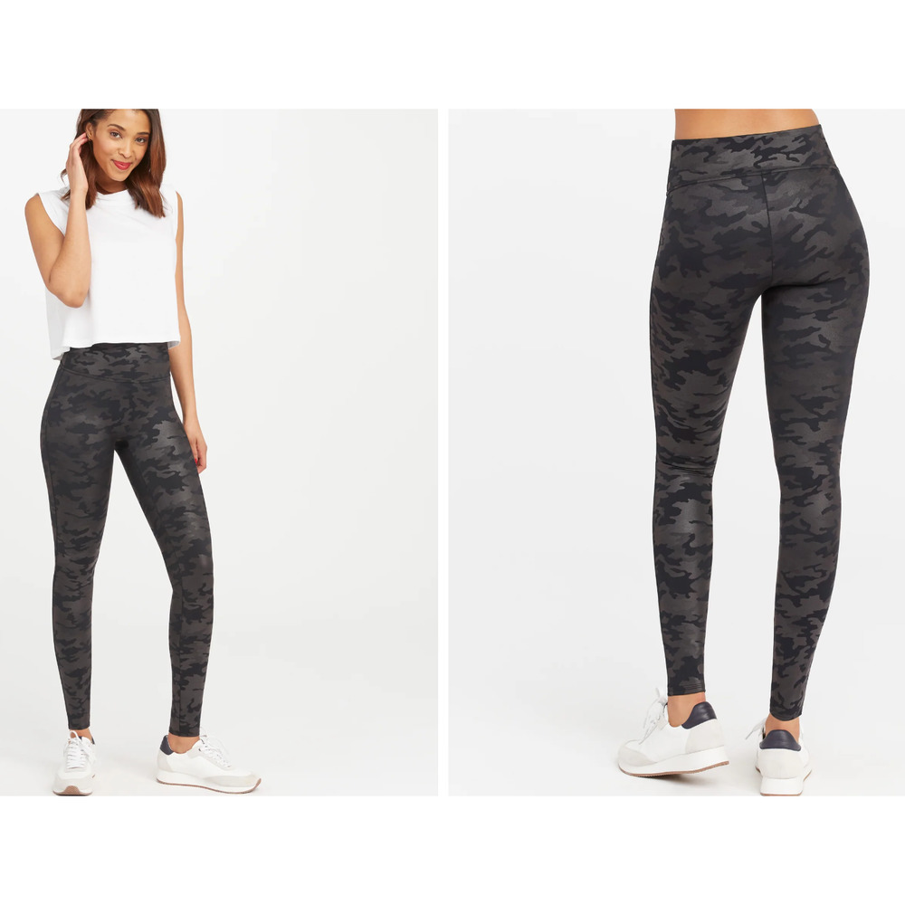 Spanx Women's Faux Leather Camo Print Matte Black Shine Liquid Leggings Size M